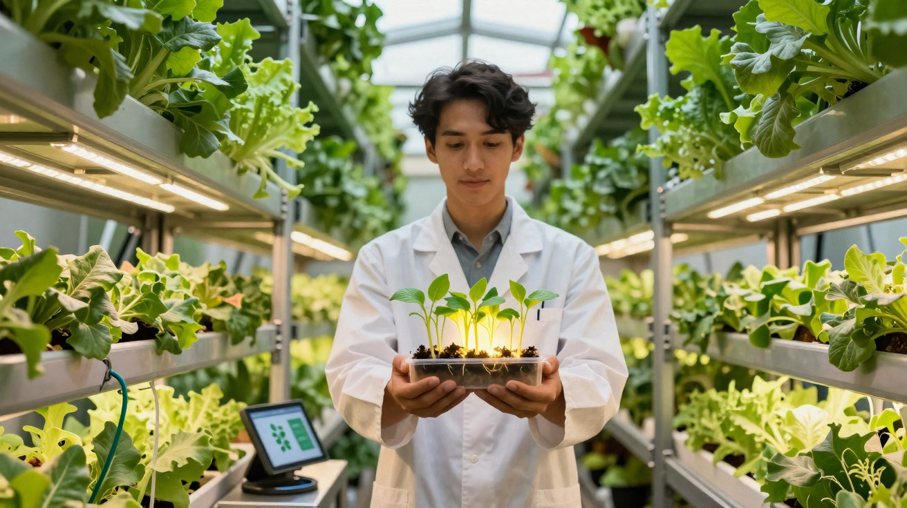 Scientist in a lab coat holding a tray of glowing seedlings inside a high-tech indoor hydroponic farm.