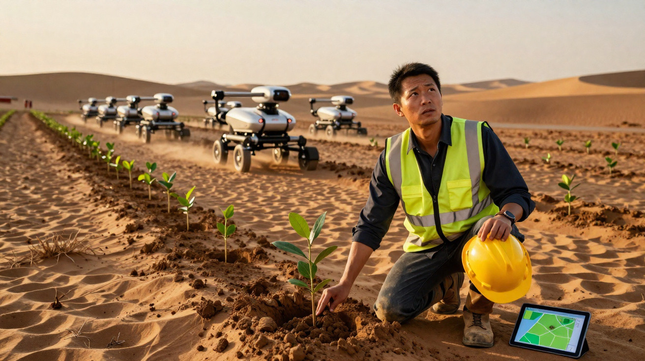 Man in a high-visibility vest tending plants in a desert with robots and a tablet showing a field map.