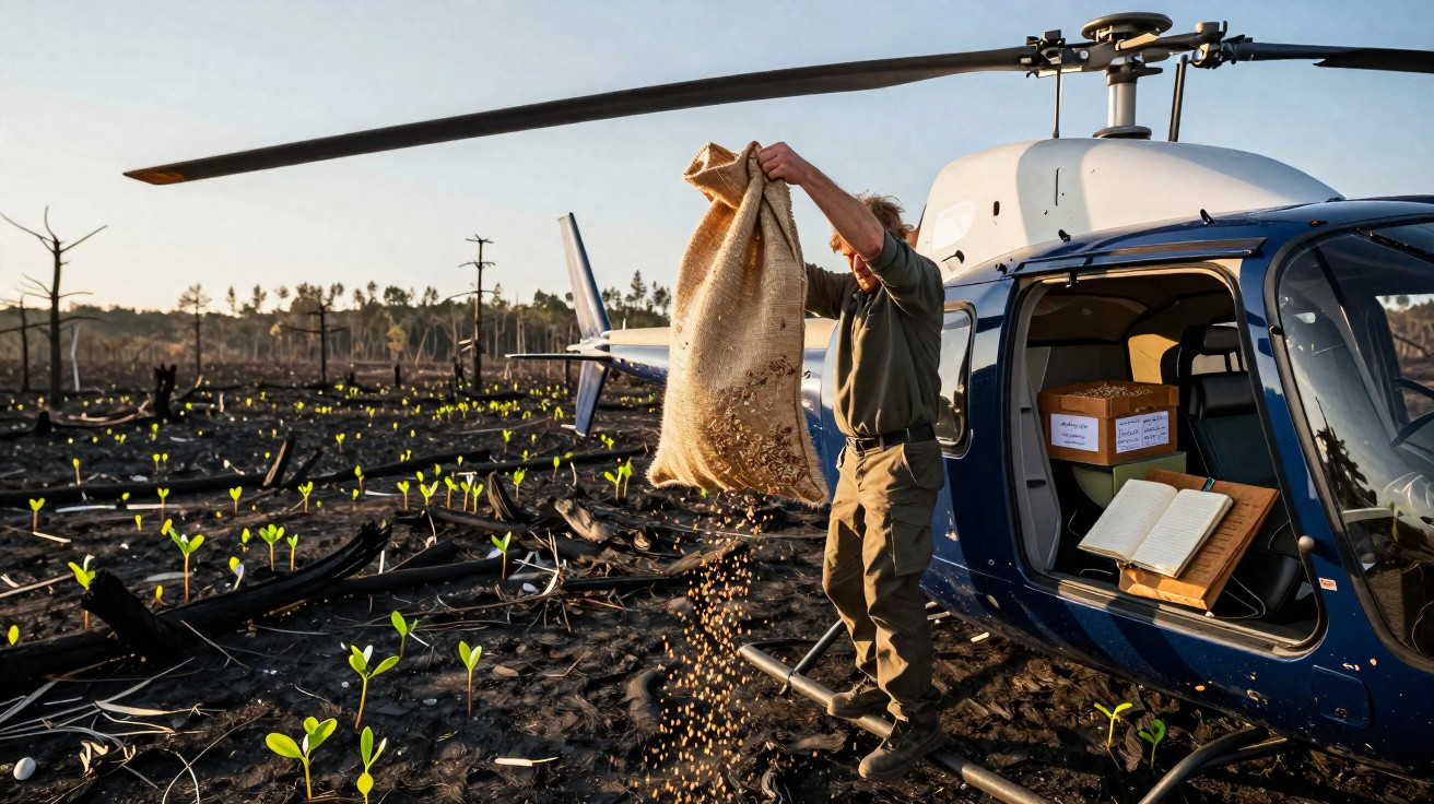 Person spreading seeds from a sack over burnt land with young plants near a helicopter at sunset