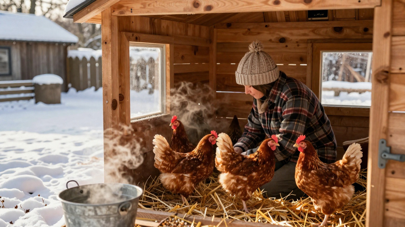 Person in winter hat tending to hens inside a wooden chicken coop with snow outside.