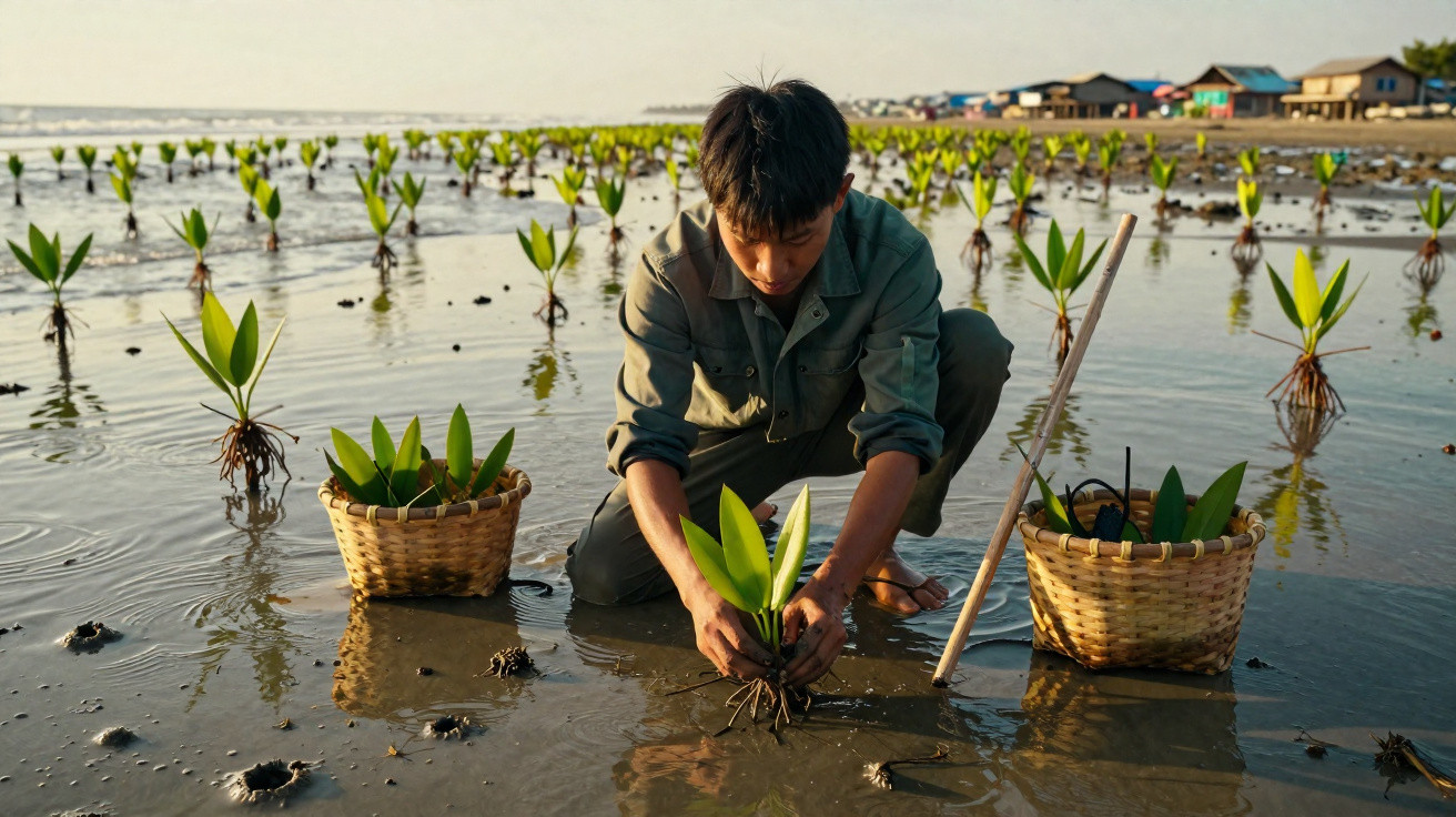Young man planting mangrove saplings in tidal mudflat with baskets and huts in the background.