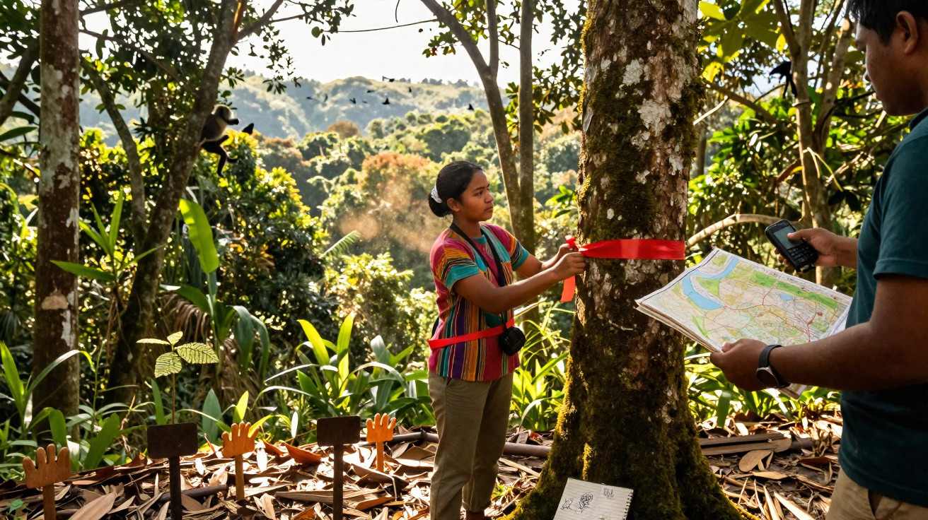 Two people measuring a tree trunk in a sunlit forest using a tape and map.