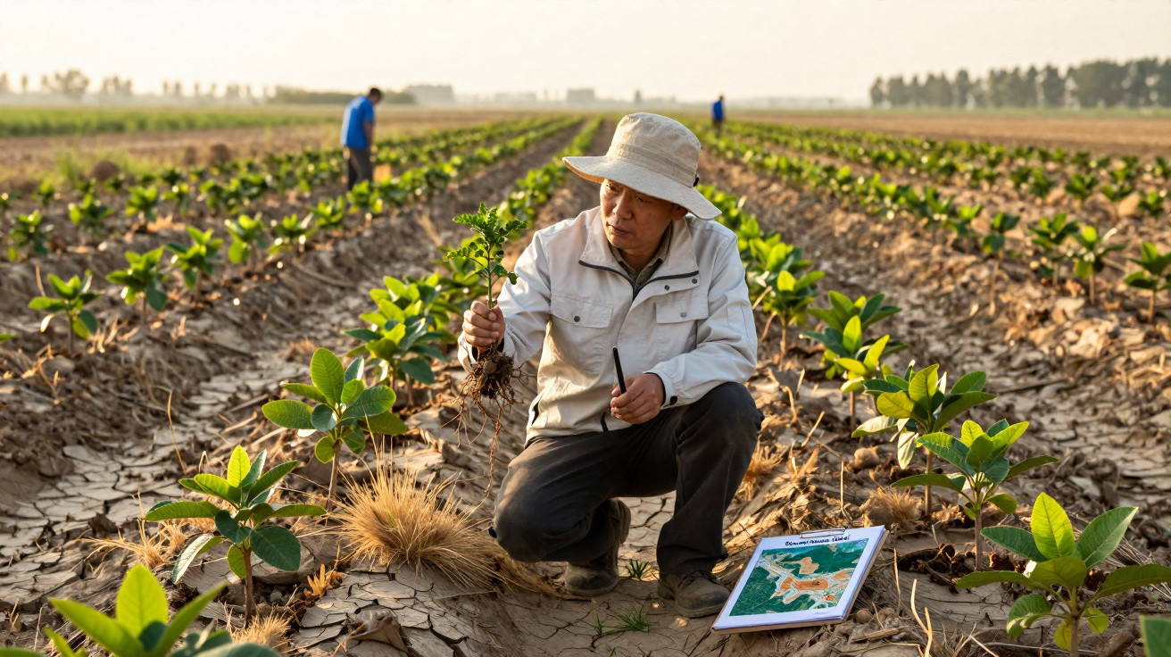 Man in a hat examines a plant seedling in a dry, cracked field with rows of young crops and a map on the ground.