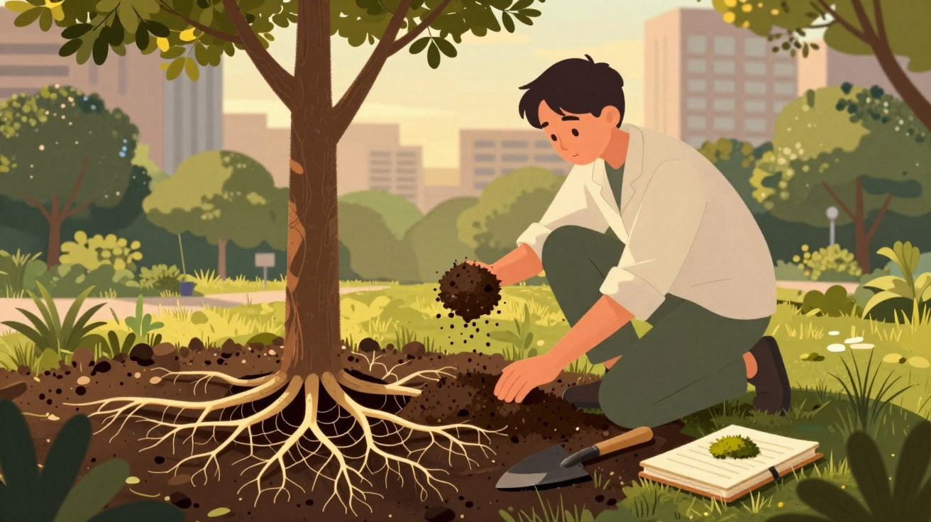 Person kneeling by a tree, examining soil with roots visible and a gardening trowel beside an open notebook.