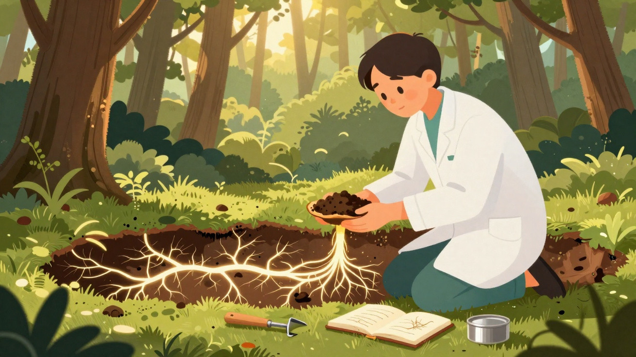 Scientist in a lab coat kneeling in a forest examining soil and glowing plant roots with tools and a notebook nearby.