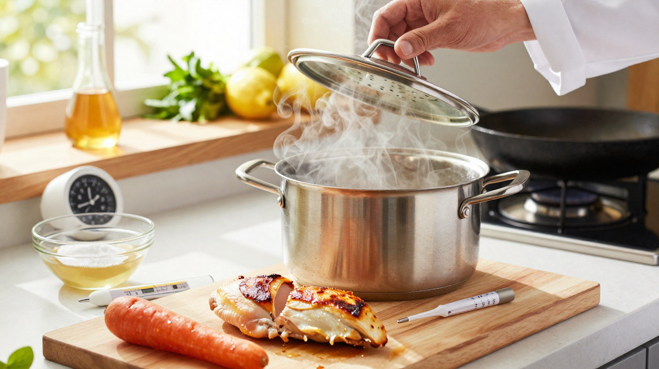 Steaming stainless steel pot with lid lifted, cooked chicken, carrot, and kitchen thermometer on wooden board.