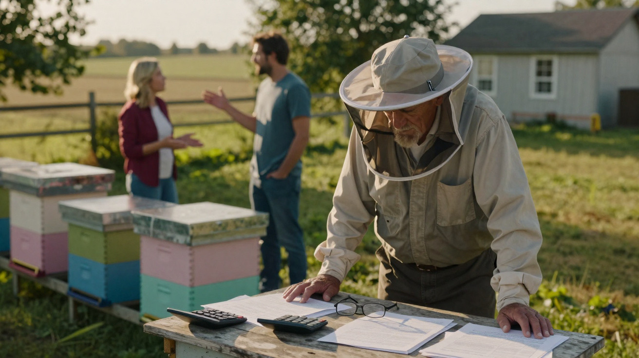 Beekeeper in protective gear reviews documents on a table near colourful beehives with two people talking in the background.