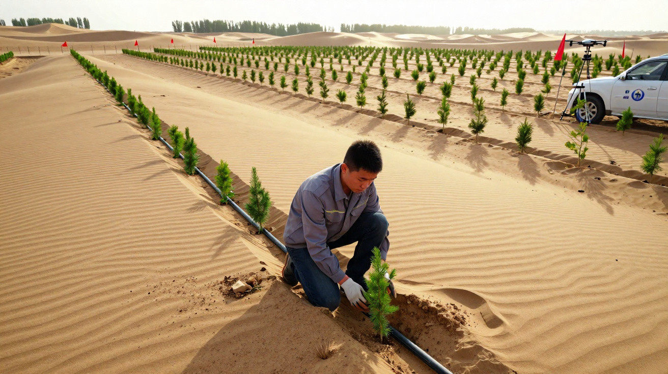 Man planting saplings in desert using drip irrigation with rows of small trees and a white vehicle nearby.