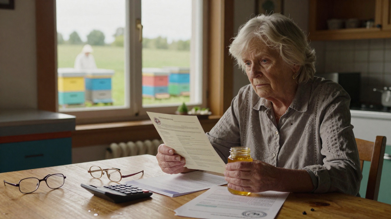 Elderly woman holding jar of honey and reading a document at a wooden table in a kitchen.