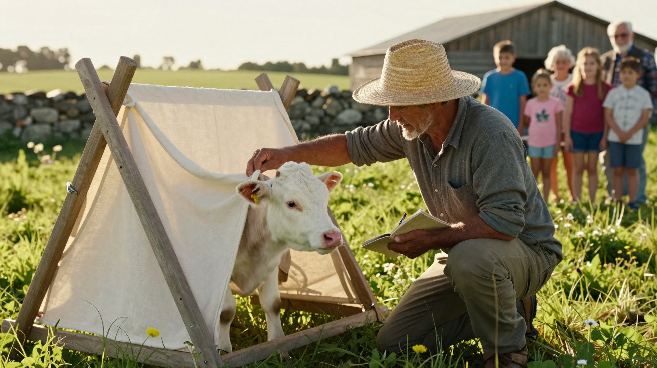 A man in a hat gently pats a calf next to a small shelter while a group of children watch in a sunny field.