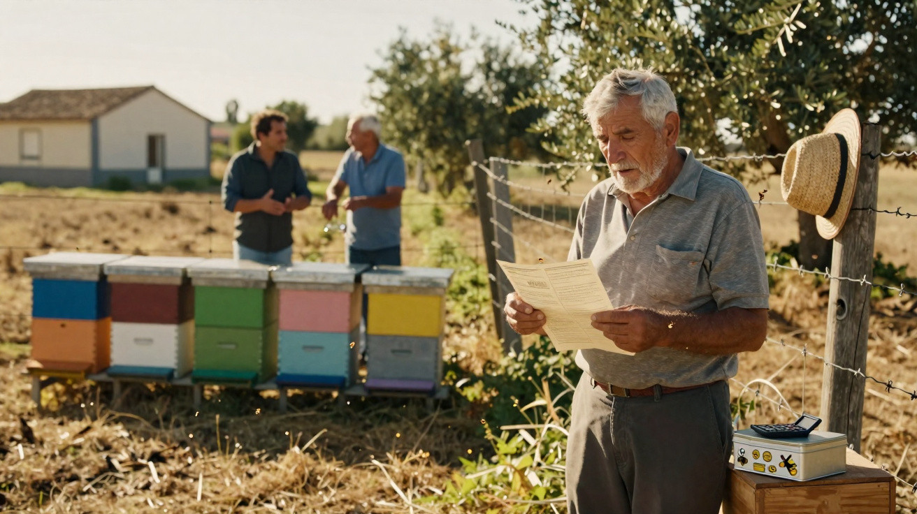 Elderly man reading a document near beehives with two men talking in the background on a sunny day.