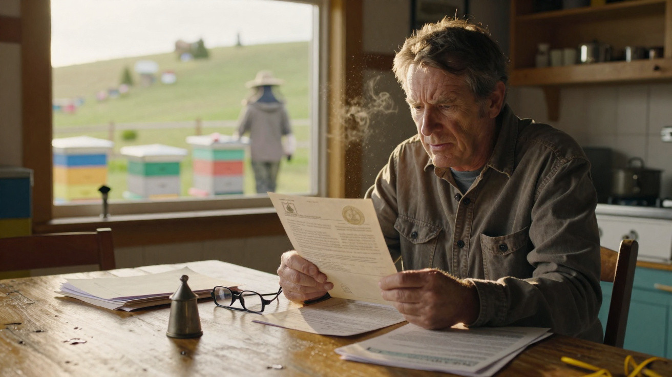 Older man reading a letter at a wooden table with papers and glasses, a beekeeper and hives seen through the window.
