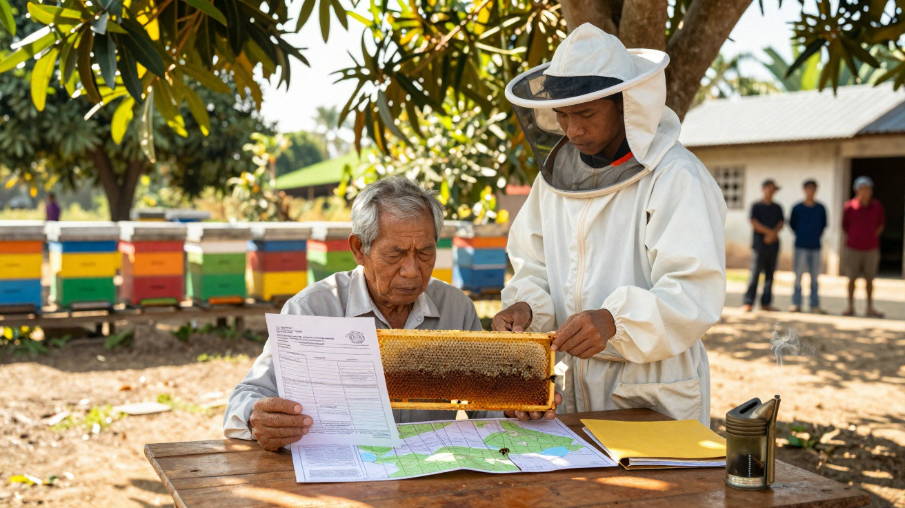 Two men inspecting a honeycomb frame outdoors near colourful beehives, with maps and documents on a wooden table.