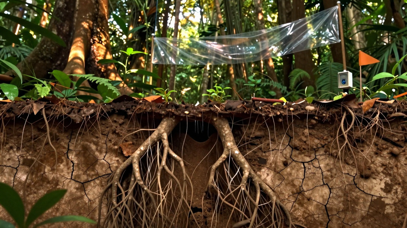 Cross-section of forest soil showing detailed tree roots and a plastic sheet with a sensor above ground in a tropical forest.