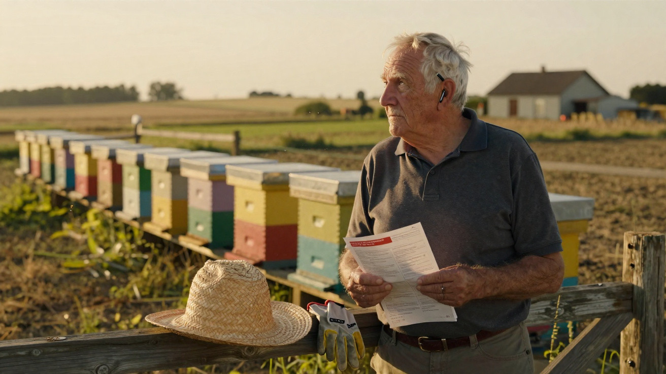 Elderly man wearing earbuds stands near colourful beehives holding papers with a straw hat and gloves on fence.