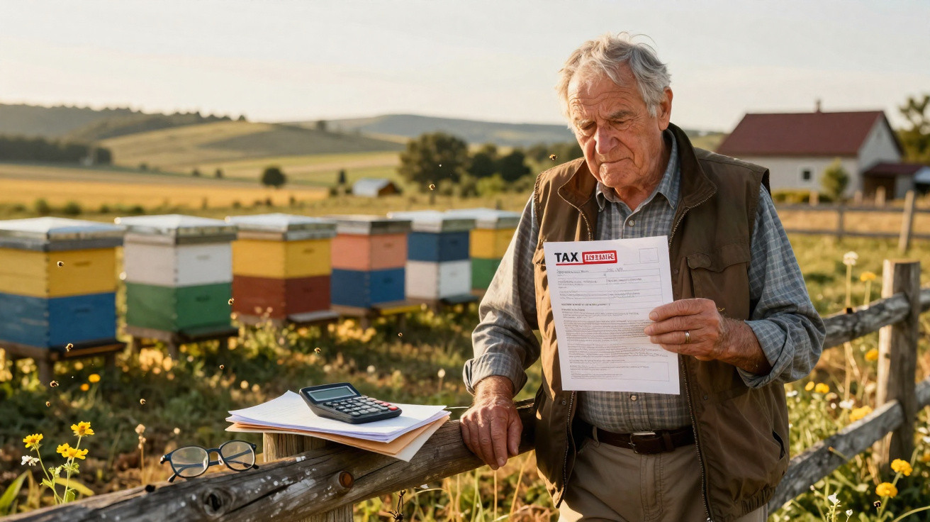 Elderly man holding a tax letter beside a fence with beehives and rolling countryside in the background.