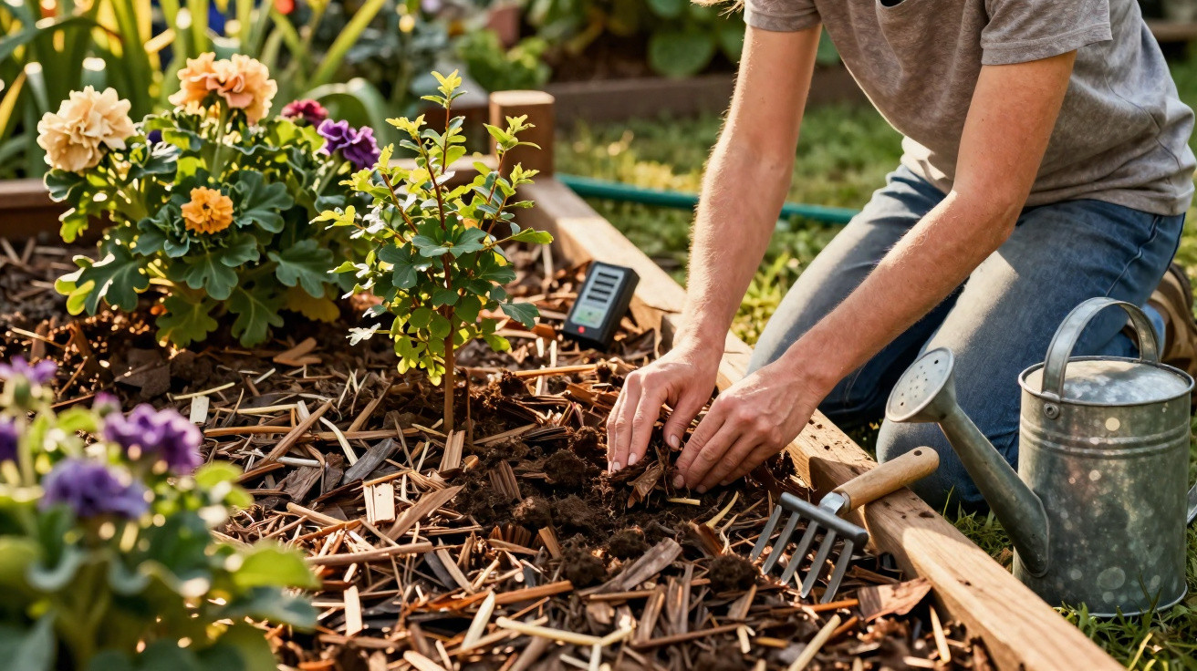 Person planting seedlings in a garden bed surrounded by flowers with gardening tools and a watering can nearby.