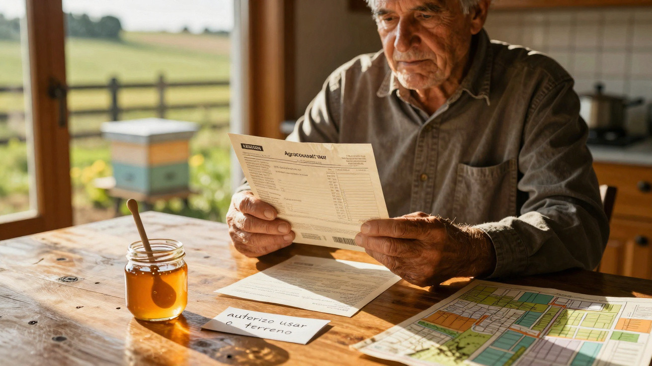 Elderly man sitting at wooden table reading an agricultural tax document with honey jar and land map nearby.