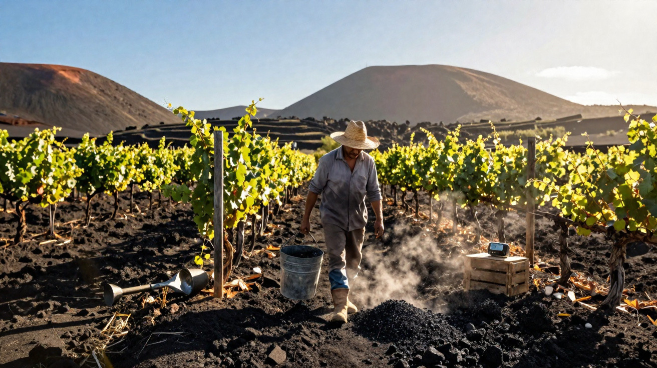A farmer wearing a wide-brimmed hat works among vineyard rows with volcanic soil and hills in the background.
