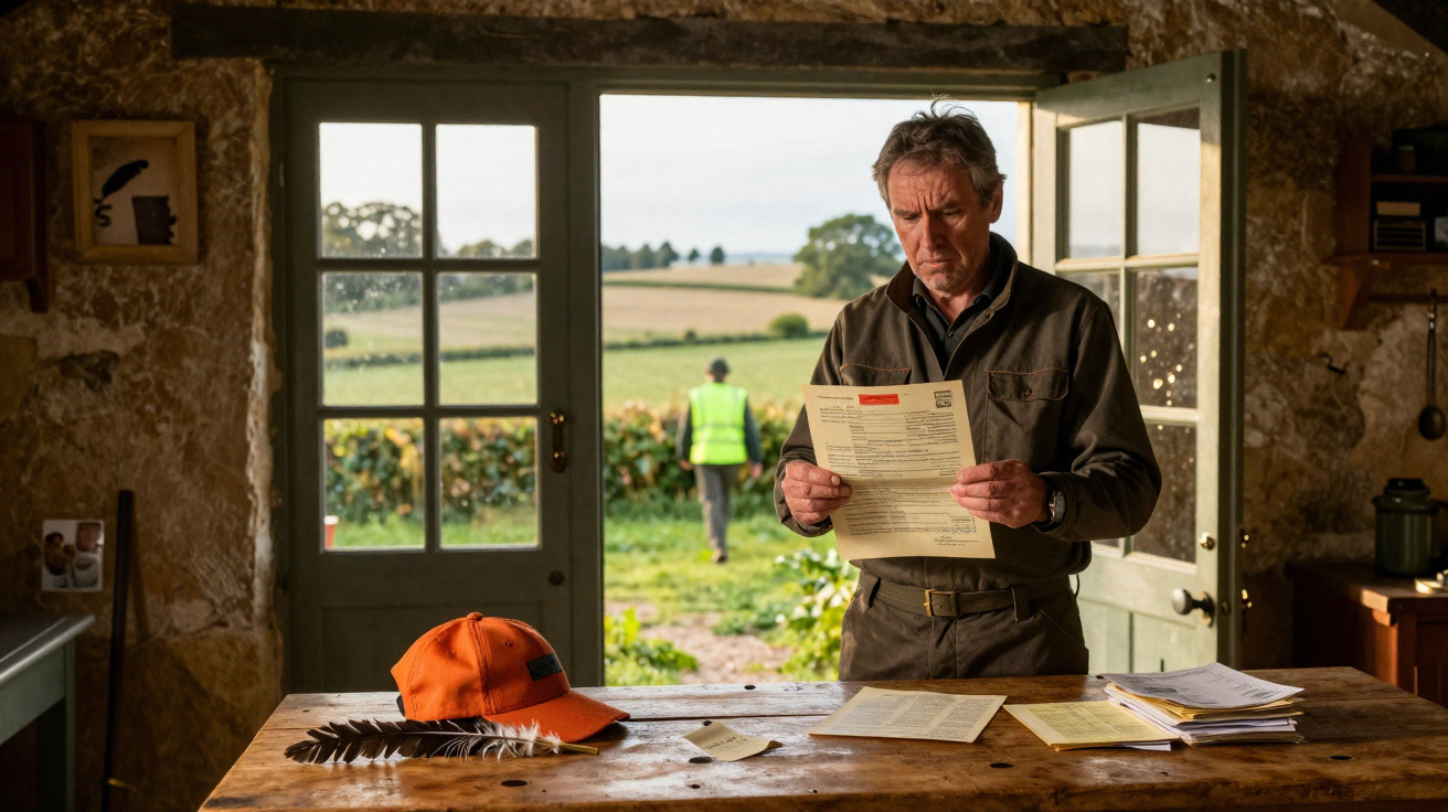 Man reading a document inside a rustic stone building with countryside visible through open doors.