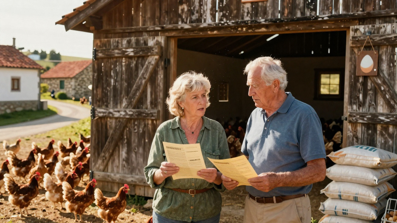 Elderly couple holding papers and discussing outside a barn surrounded by free-range chickens on a farm.