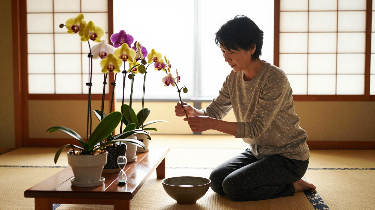Person tending to orchids in a traditional Japanese room with tatami mats and shoji screens.