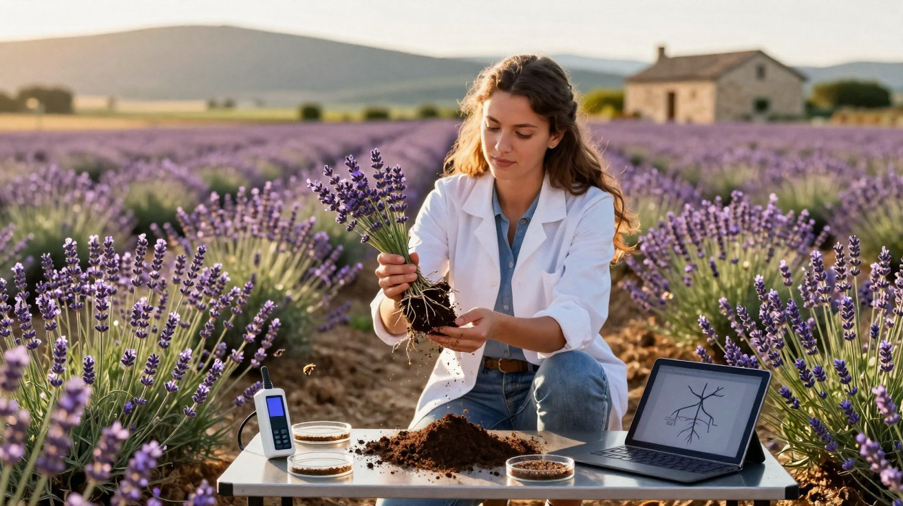 Woman examining lavender plant roots in field with soil samples and laptop showing root diagram on table