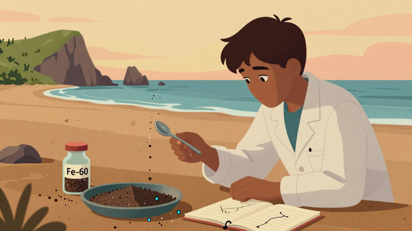Scientist in lab coat conducting soil experiment on beach with notebook and Fe-60 bottle nearby.