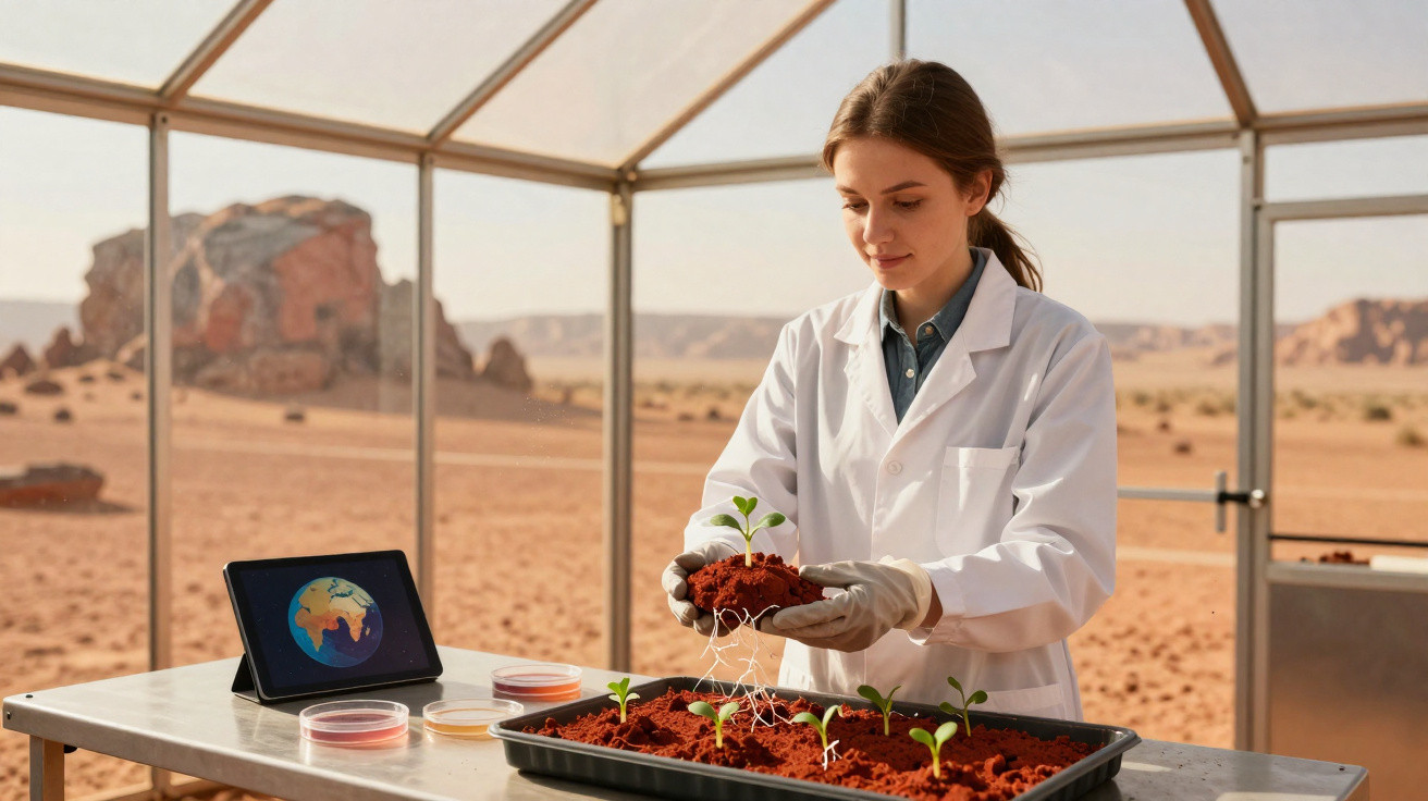 Scientist in a lab coat growing plants in soil inside a greenhouse in a desert landscape.