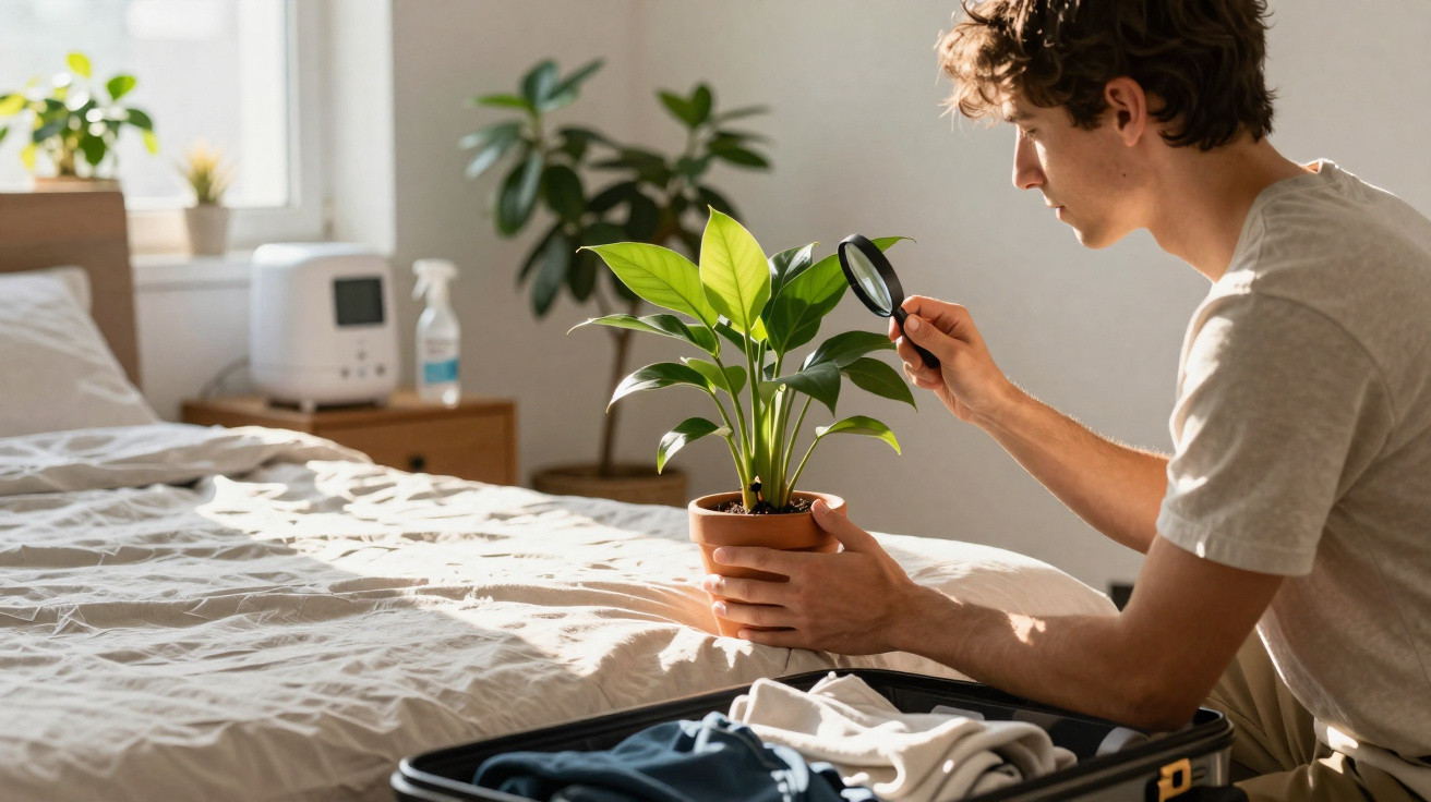 Young man inspecting green plant with magnifying glass in bright bedroom next to open suitcase on bed
