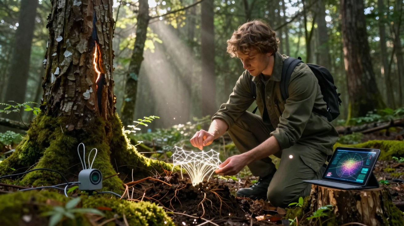 Person in forest interacting with glowing holographic network from soil beside a tree with a cracked illuminated trunk.