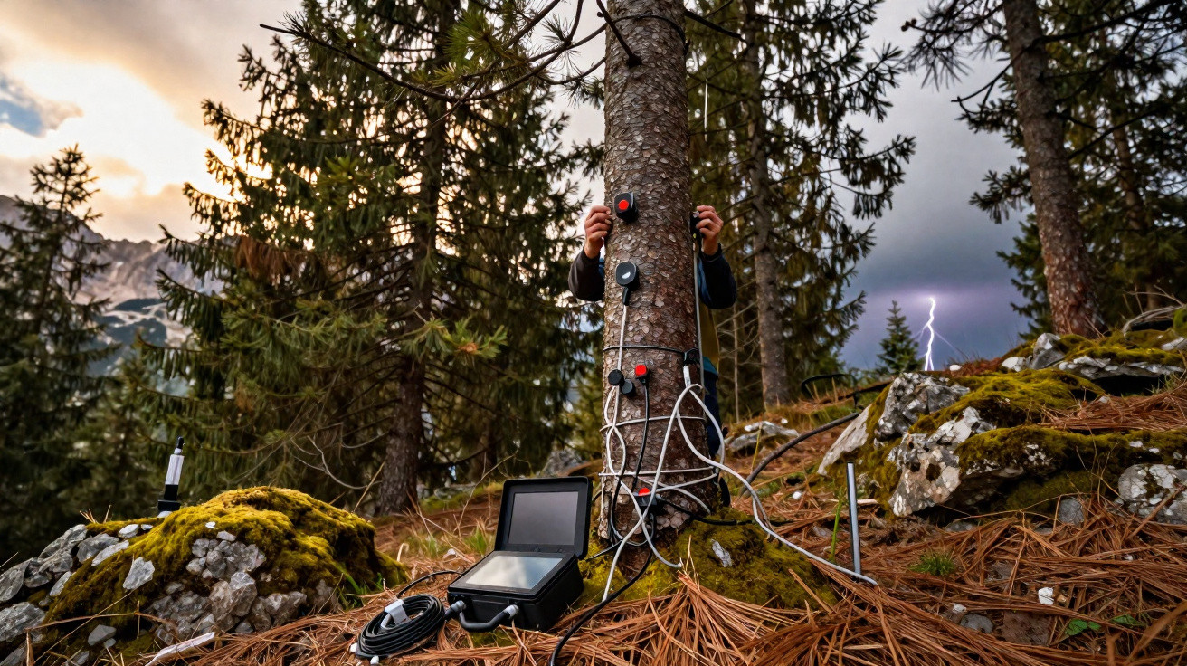 Person setting up scientific equipment with cables on a tree in a forest with lightning in the background.