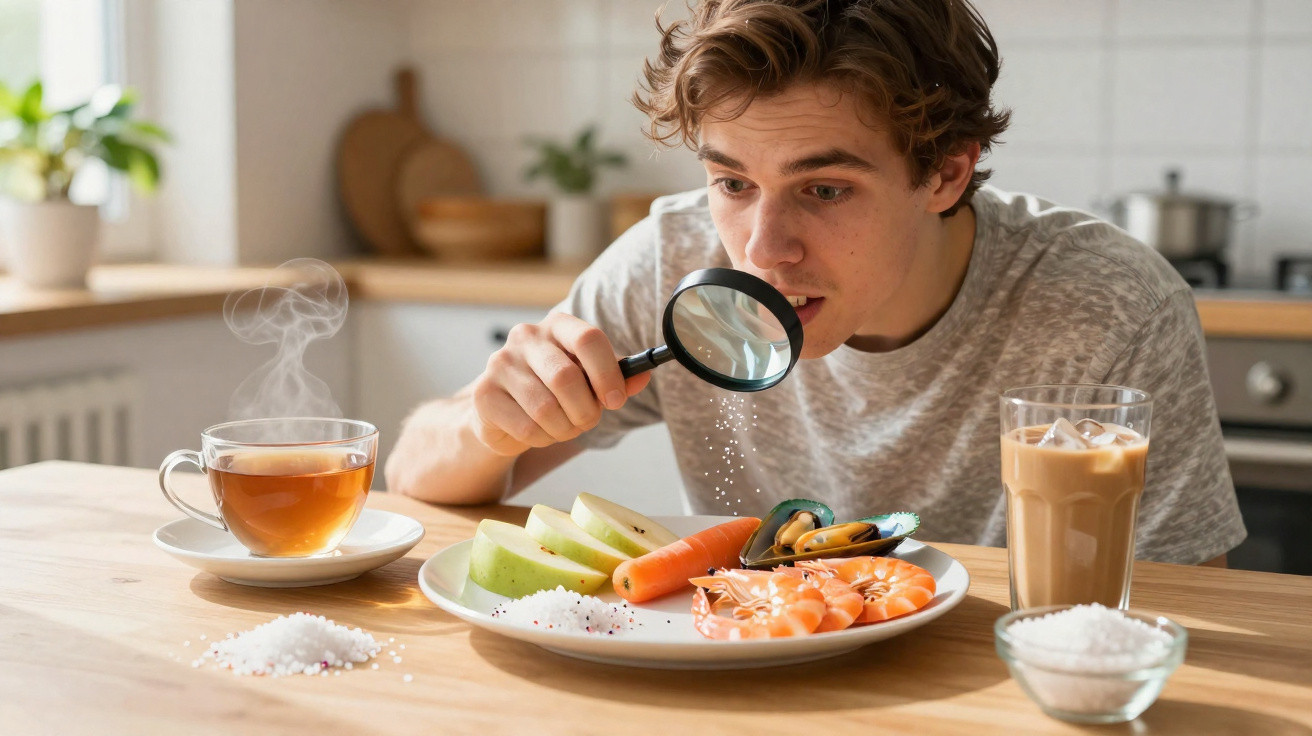 Young man examining food on a plate with a magnifying glass in a kitchen setting.