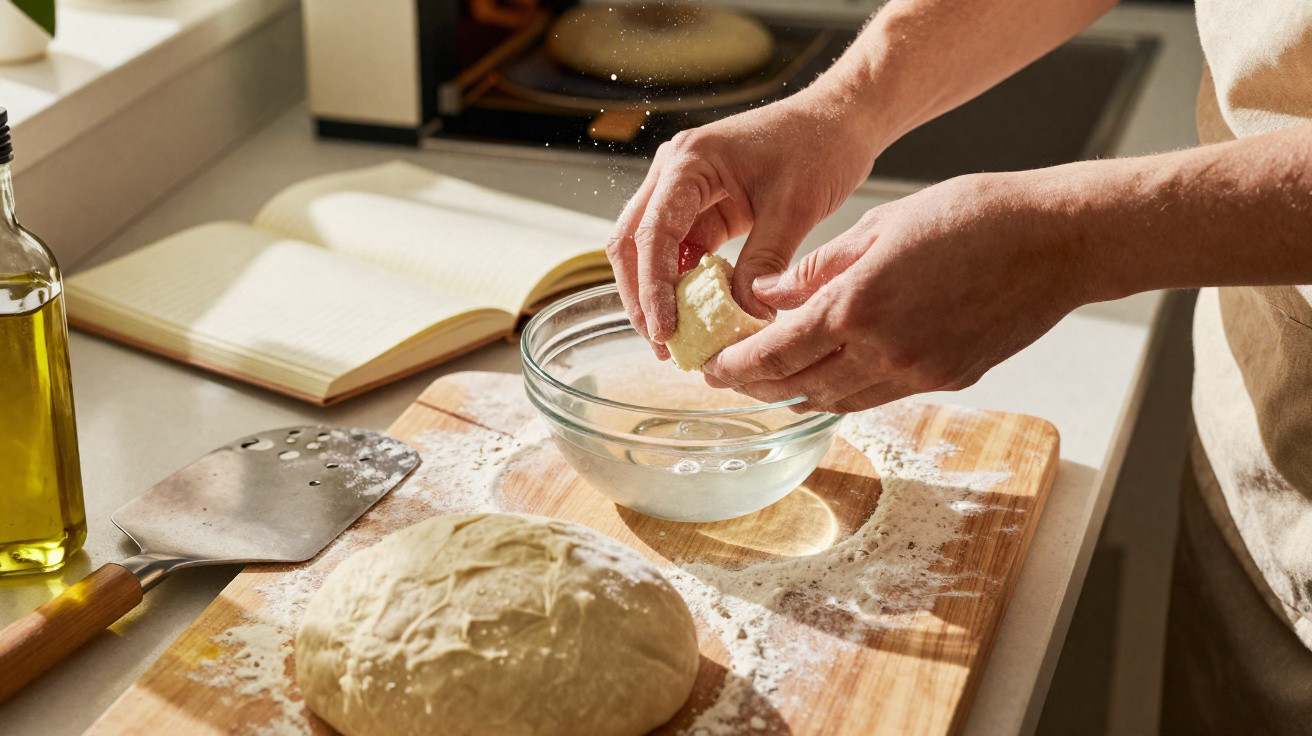 Hands breaking dough over a bowl on a wooden board with a large dough ball and cooking tools nearby.