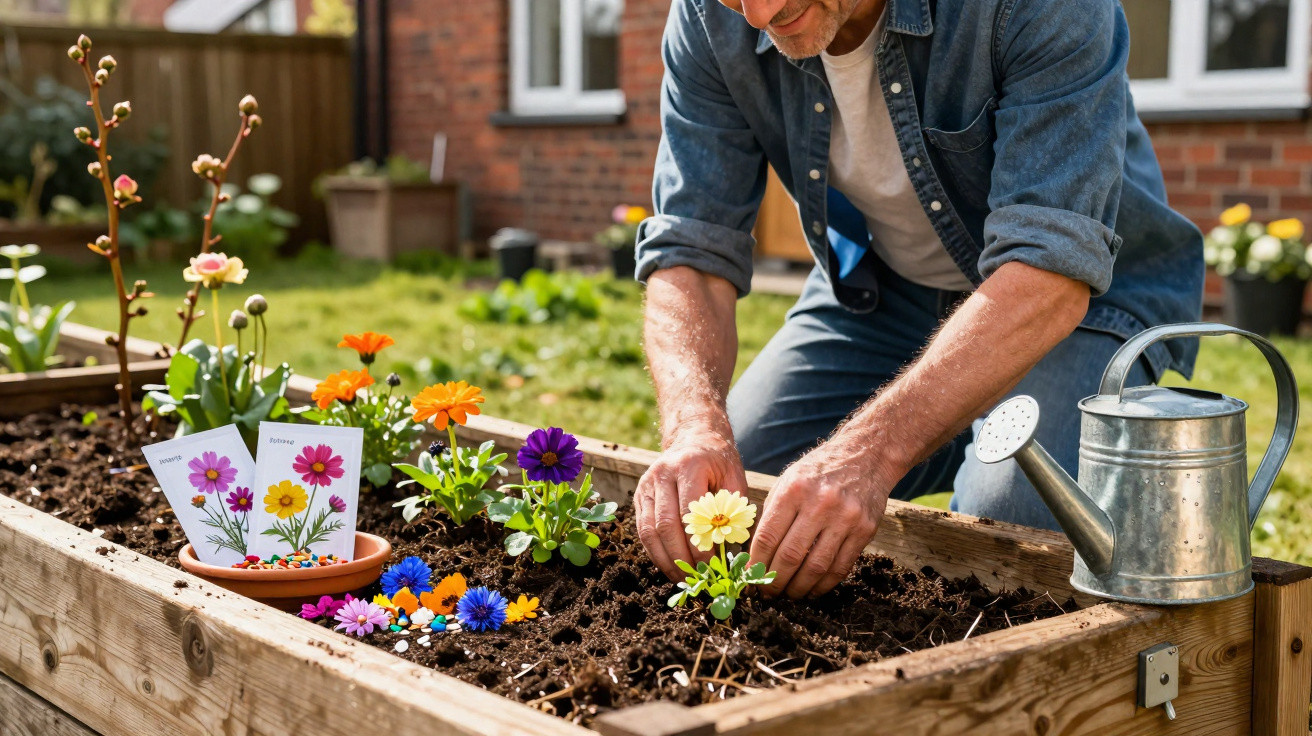 Man planting colourful flowers in a raised wooden garden bed with a metal watering can nearby.