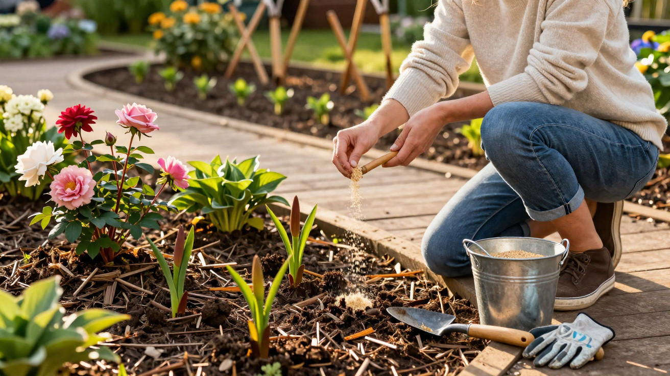 Person sprinkling fertiliser on young plants in a garden bed beside blooming flowers on a sunny day