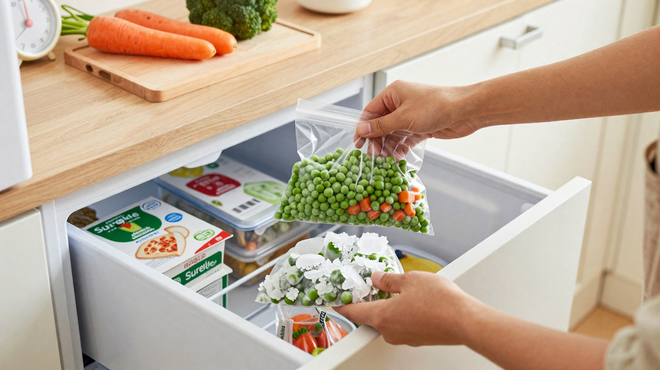Hands placing a bag of frozen peas and carrots into an open freezer drawer in a kitchen.