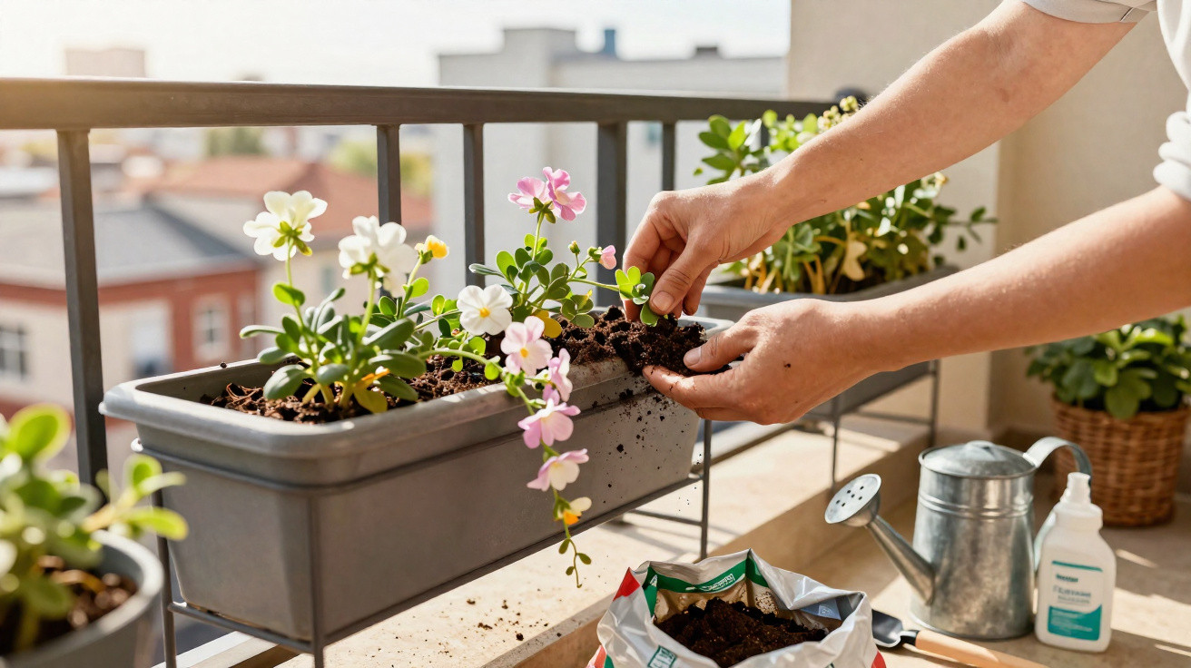 Hands planting flowers in a rectangular planter on a balcony with gardening tools nearby.