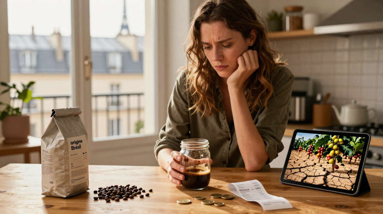 Worried woman with coffee and money at table, tablet showing drought-affected coffee plants nearby.