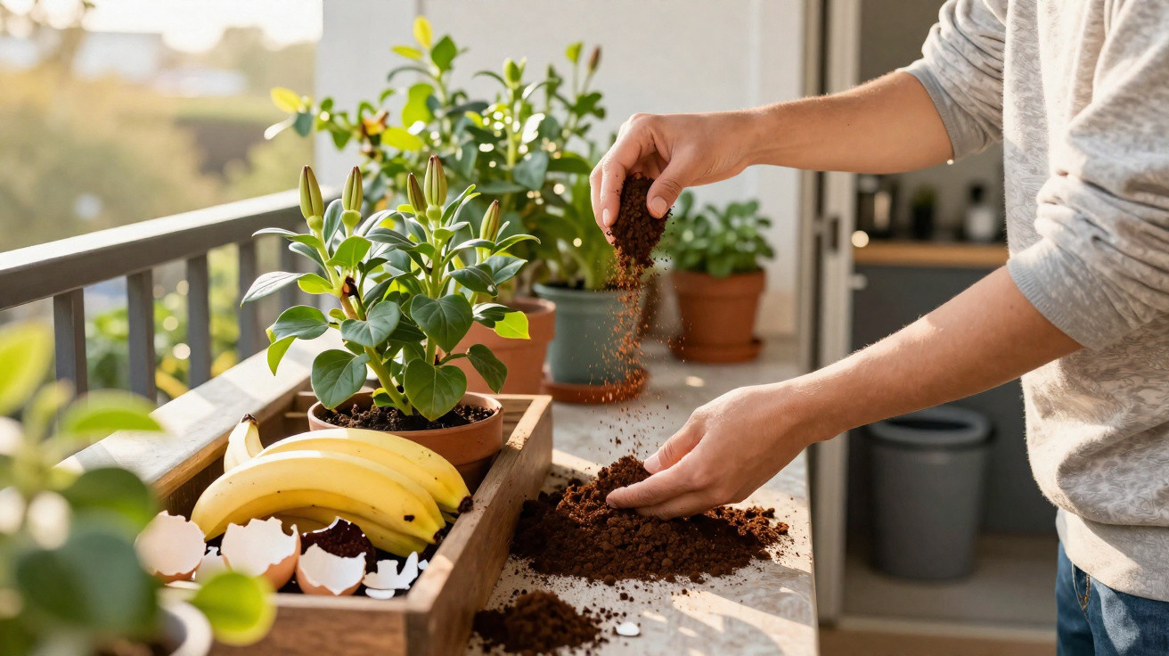 Person sprinkling soil on a balcony garden with plants, banana bunch, and broken eggshells as compost.