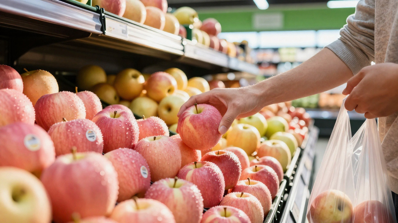 Person selecting a pink apple from a supermarket display of various apples with a plastic bag.