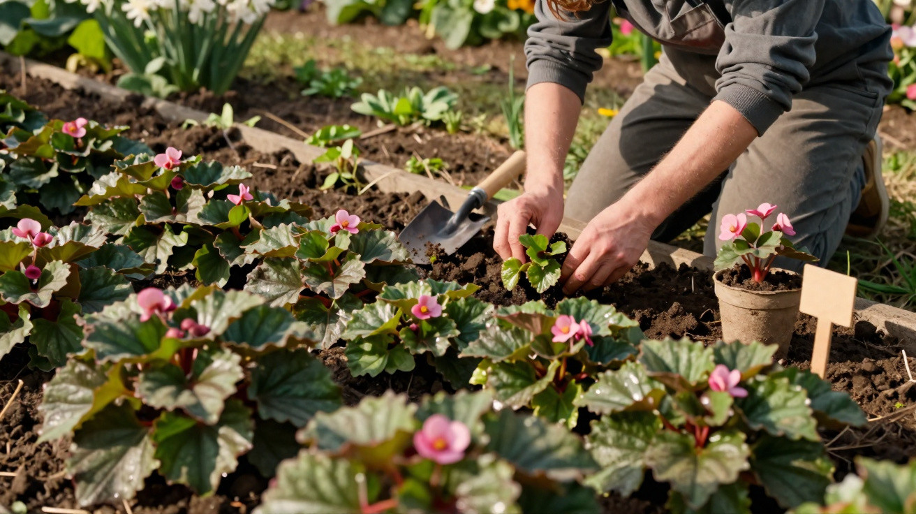 Person planting small green plant in soil among flowering begonias in a garden bed on a sunny day