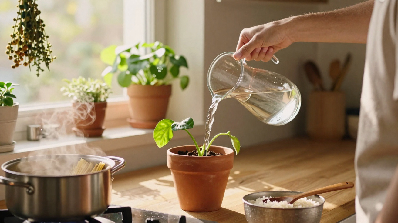 Person watering a small potted plant on a kitchen countertop near a steaming pot and a bowl of rice.