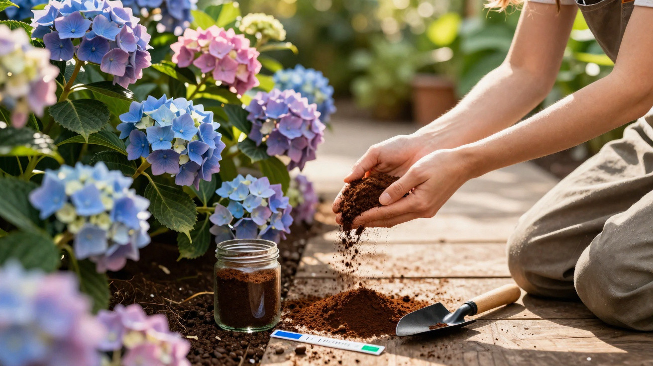 Person kneeling and preparing soil with a soil test kit beside colourful hydrangea flowers in a garden.