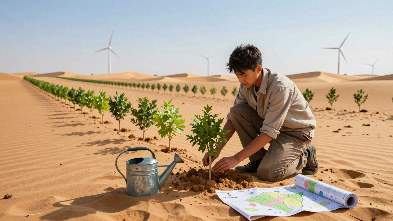 Young man planting saplings in desert with watering can and a map, wind turbines in the background.