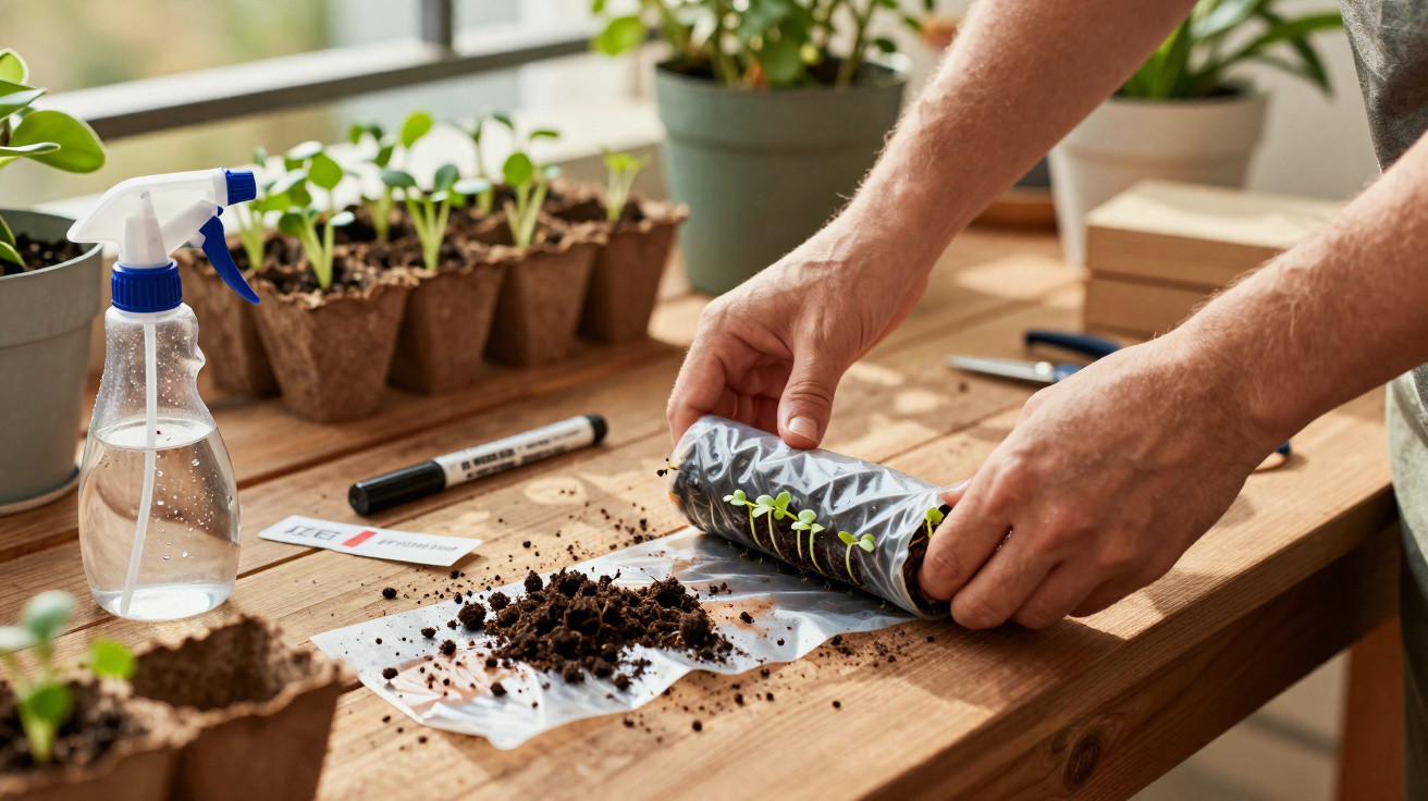 Person unrolling a clear plastic seedling tray with young plant sprouts on a wooden table with gardening tools.