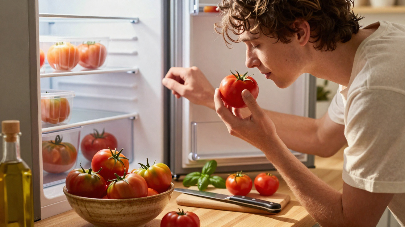 Young man smelling a ripe tomato in a kitchen with a bowl of tomatoes on the counter and an open fridge.