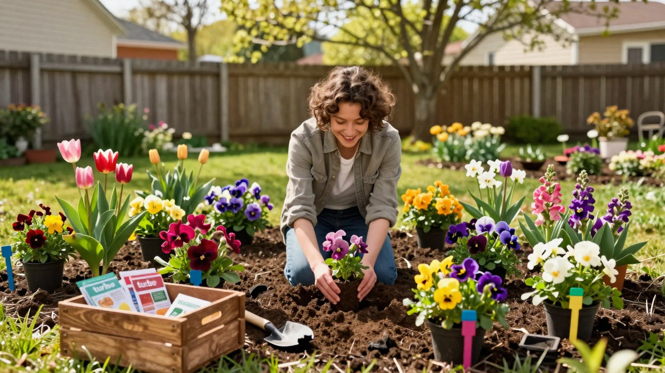 Woman planting purple flowers in a garden bed surrounded by vibrant pansies on a sunny day.