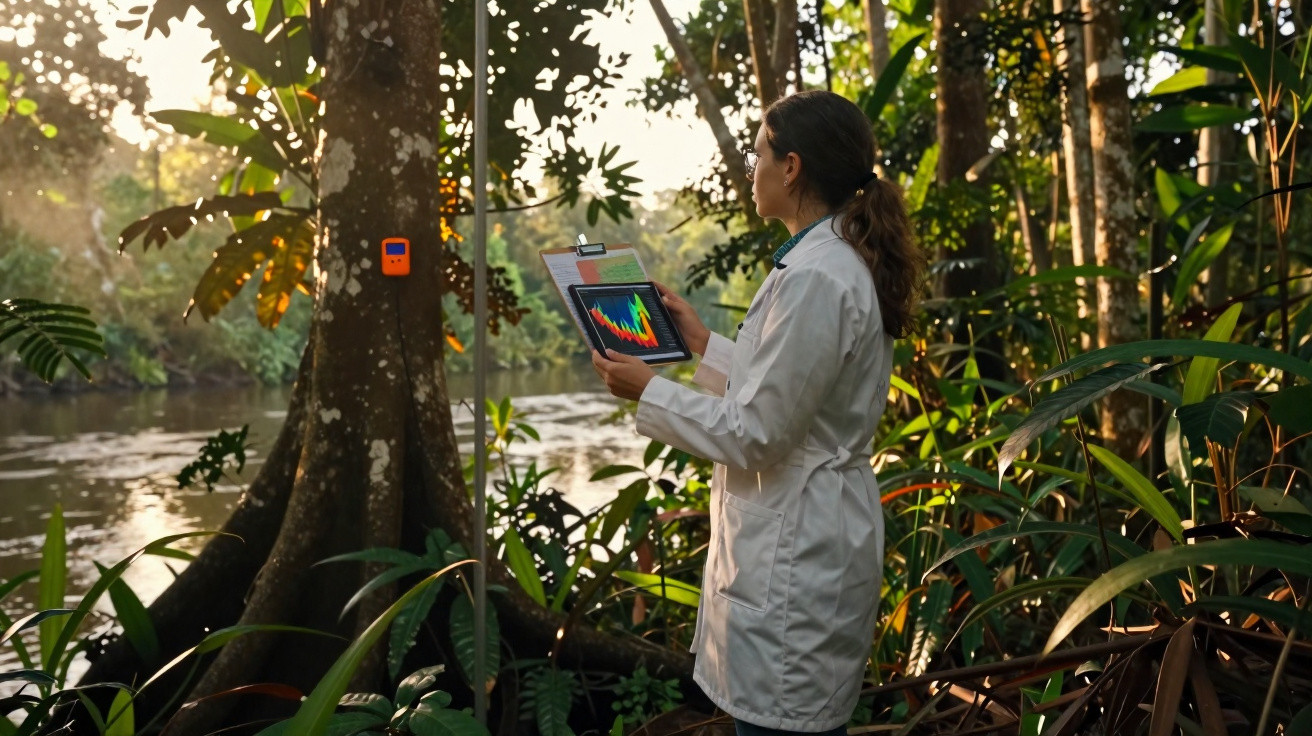 Scientist in a white lab coat analysing data on a tablet in a dense riverside forest during sunset.