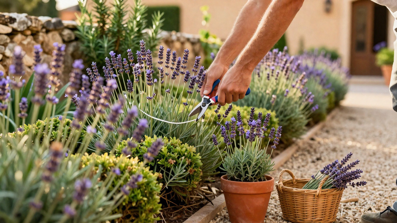 Person pruning lavender plants with gardening shears in a sunlit garden next to a basket and terracotta pot.